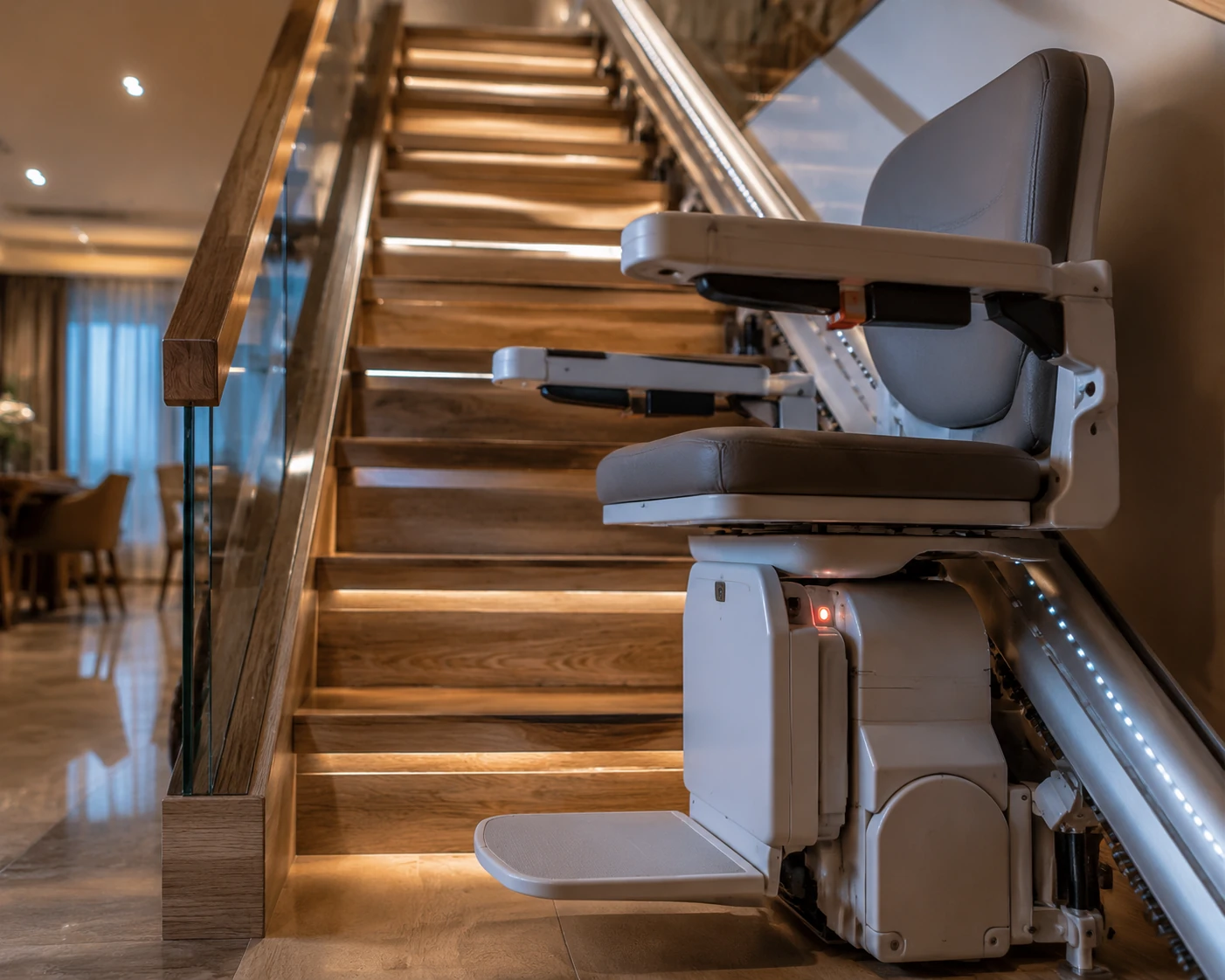 How a straight stair lift operates on a residential staircase